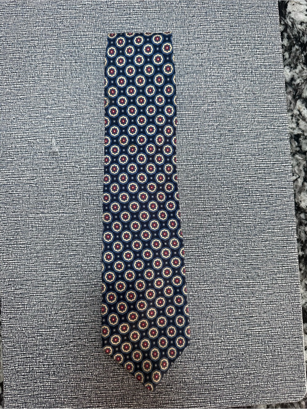 GAP Navy Silk Tie with Cream and Red Medallions